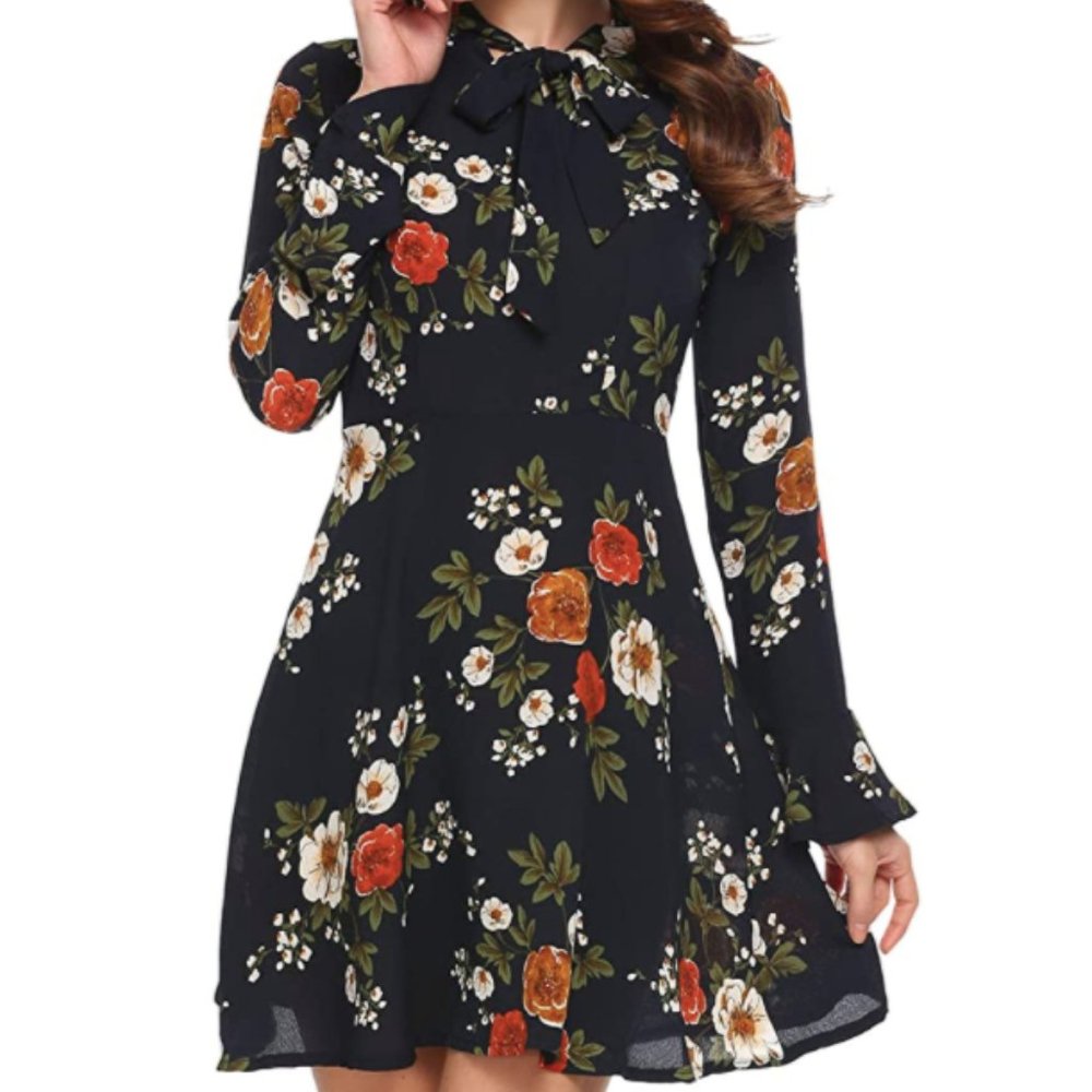 Floral Print Bell Sleeve Fit and Flare Dress